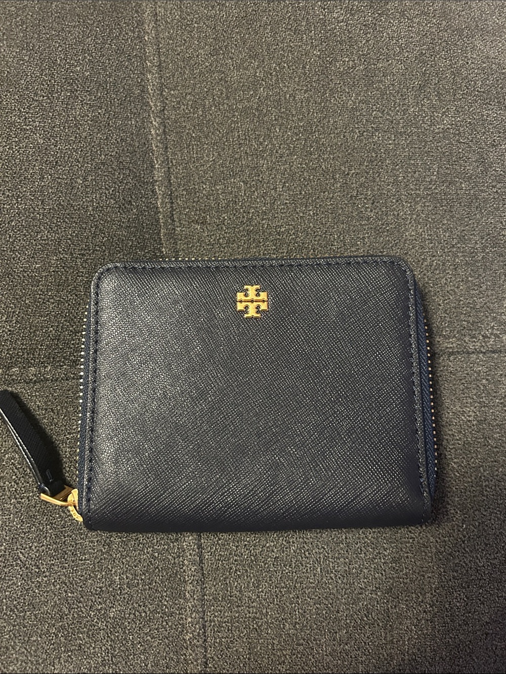 Tory Burch Dark Blue Saffiano Zip Wallet with Gold Logo